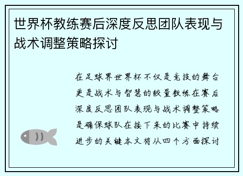 世界杯教练赛后深度反思团队表现与战术调整策略探讨