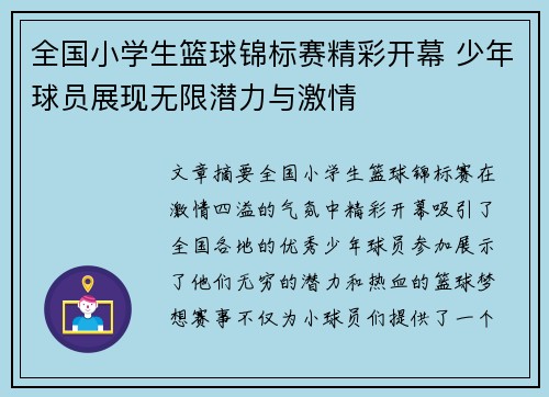 全国小学生篮球锦标赛精彩开幕 少年球员展现无限潜力与激情